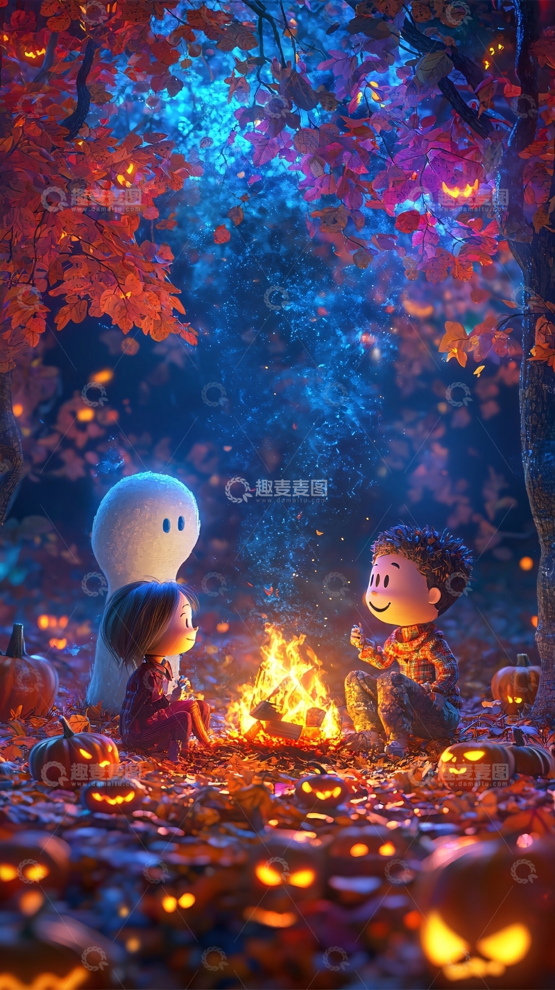 高清大图下载【趣麦麦图】万圣节夜晚篝火旁的卡通人物