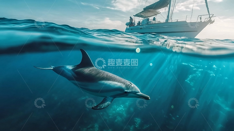高清大图下载【趣麦麦图】海豚与帆船的海洋奇遇