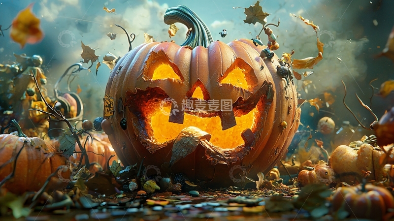 高清大图下载【趣麦麦图】万圣节南瓜灯与落叶