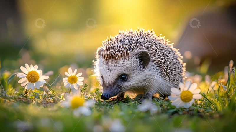 高清大图下载【趣麦麦图】阳光下的小刺猬与雏菊