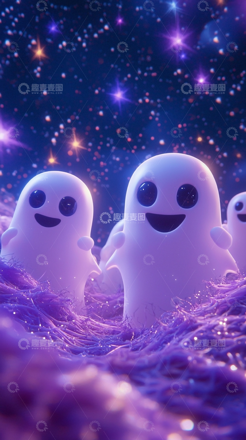 高清大图下载【趣麦麦图】紫色星空下的卡通幽灵