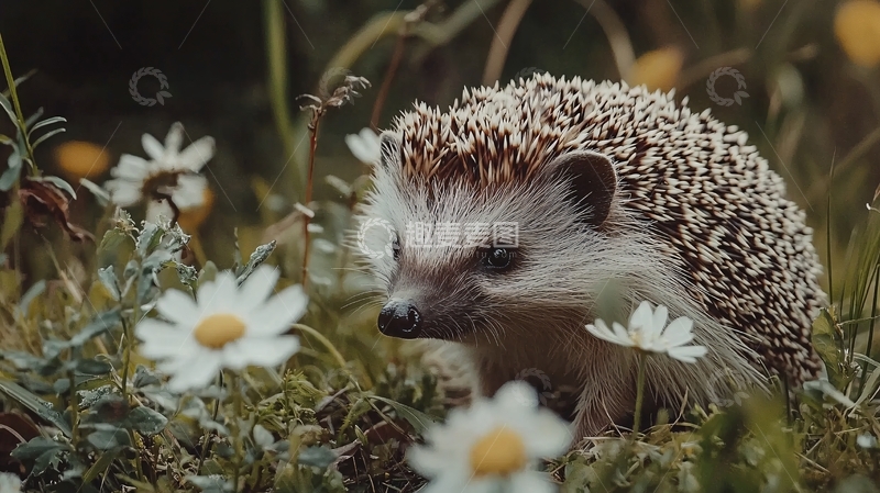 高清大图下载【趣麦麦图】刺猬与雏菊的自然之美
