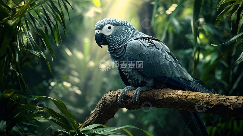 高清大图下载【趣麦麦图】蓝灰鹦鹉栖息在树枝上
