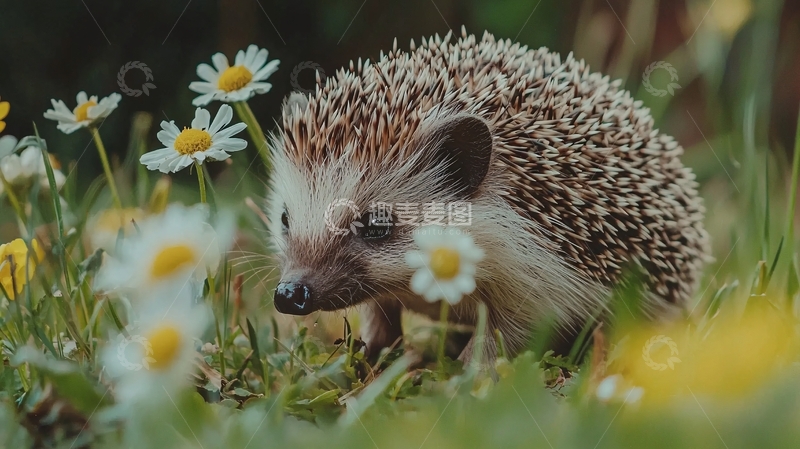 高清大图下载【趣麦麦图】刺猬与雏菊的自然之美