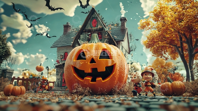 高清大图下载【趣麦麦图】万圣节南瓜与小鬼的欢乐场景