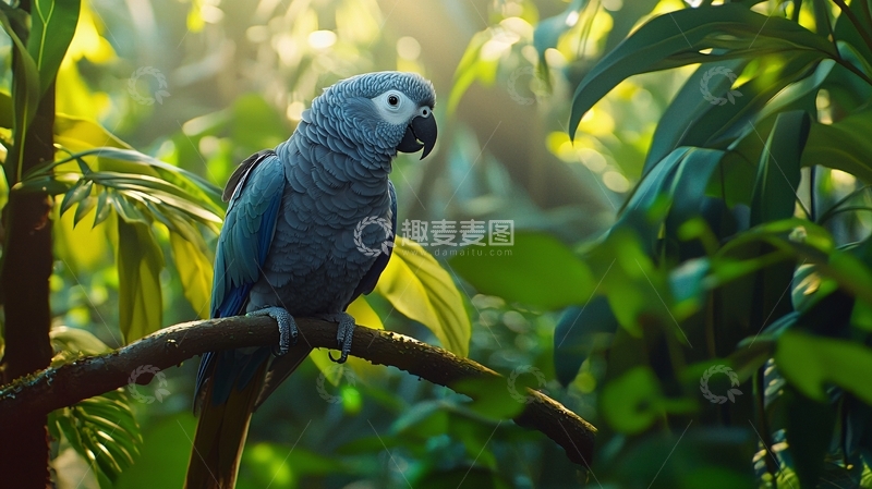 高清大图下载【趣麦麦图】灰鹦鹉栖息在热带雨林中