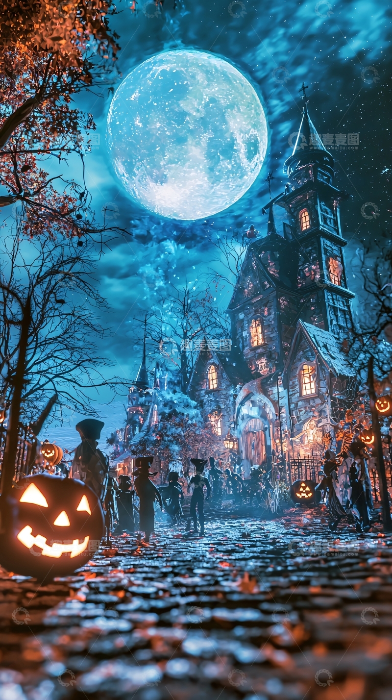 高清大图下载【趣麦麦图】万圣节夜晚的鬼屋和南瓜灯