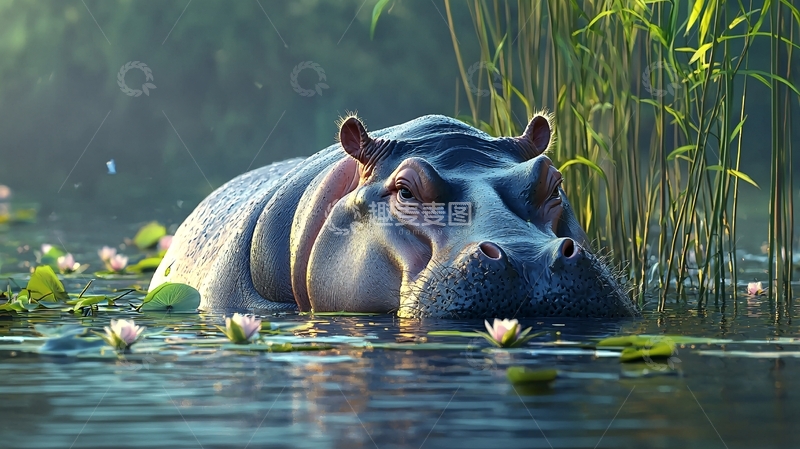 高清大图下载【趣麦麦图】河马在水中休息