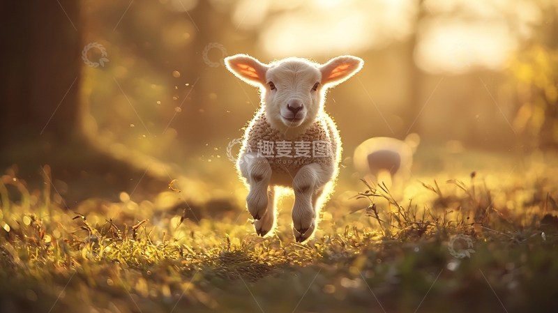 高清大图下载【趣麦麦图】夕阳下的小羊奔跑场景