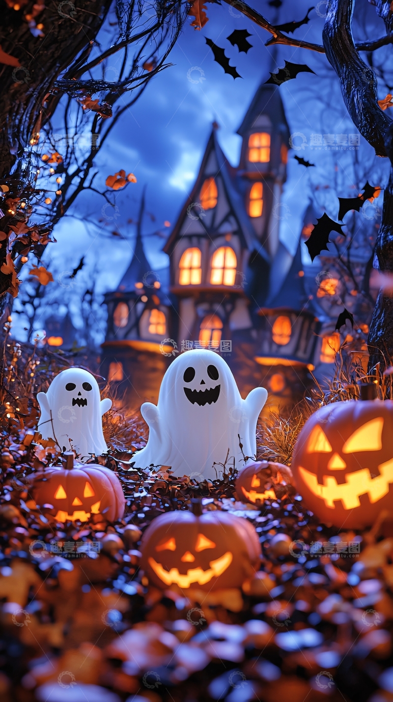 高清大图下载【趣麦麦图】万圣节南瓜灯与幽灵城堡