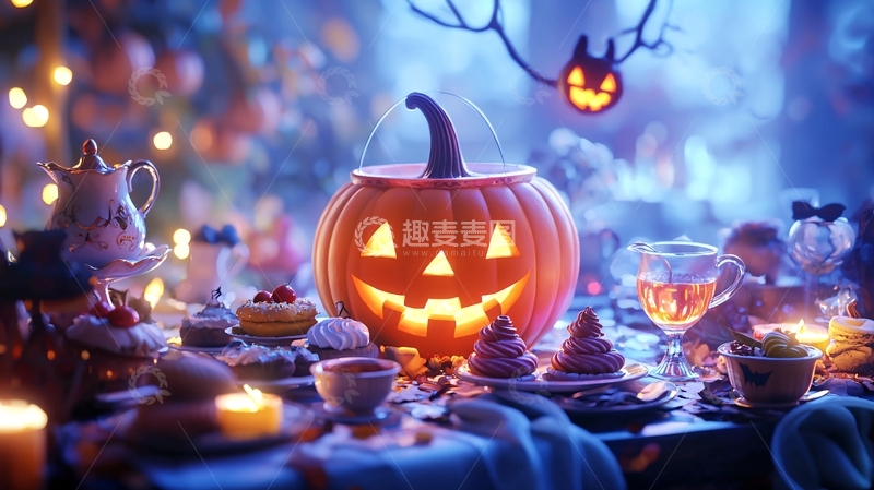 高清大图下载【趣麦麦图】万圣节南瓜灯与甜点的餐桌布置