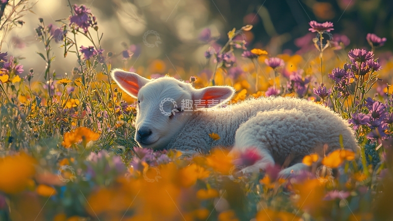 高清大图下载【趣麦麦图】羊羔在花丛中休息