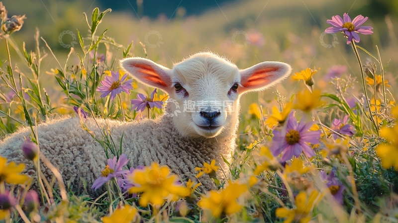 高清大图下载【趣麦麦图】羊羔与野花的温馨场景