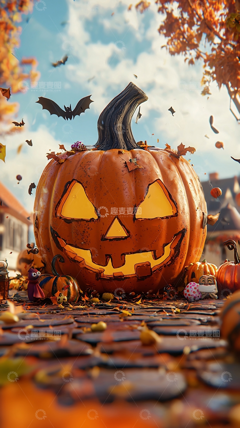 高清大图下载【趣麦麦图】万圣节南瓜灯与落叶