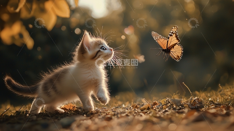 高清大图下载【趣麦麦图】小猫与蝴蝶的温馨相遇