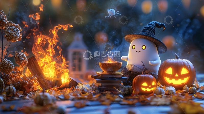 高清大图下载【趣麦麦图】万圣节鬼魂与南瓜灯篝火场景
