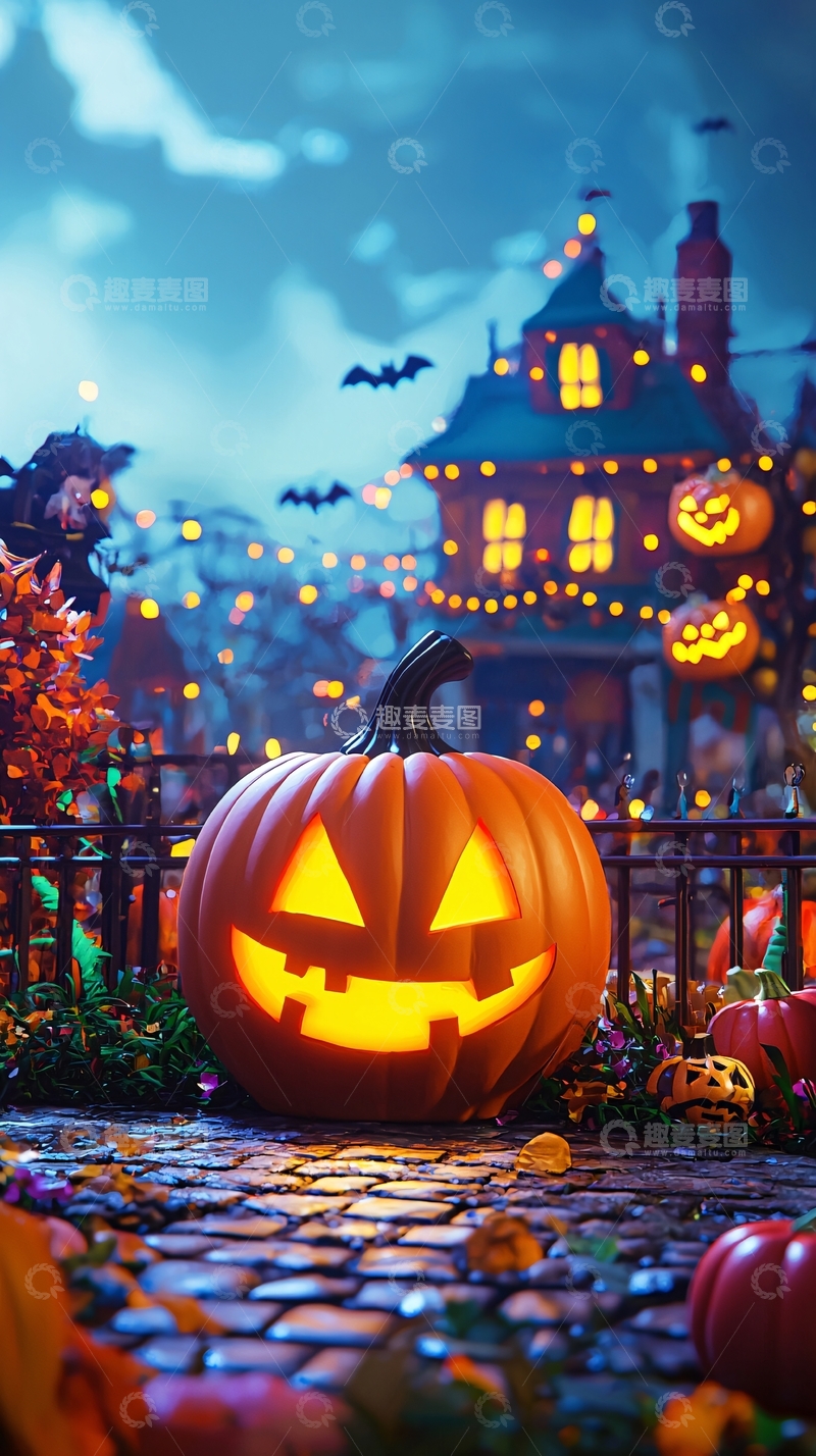 高清大图下载【趣麦麦图】万圣节南瓜灯与鬼屋夜景
