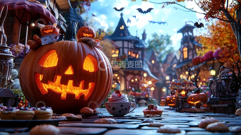 高清大图下载【趣麦麦图】万圣节南瓜灯与甜点集市