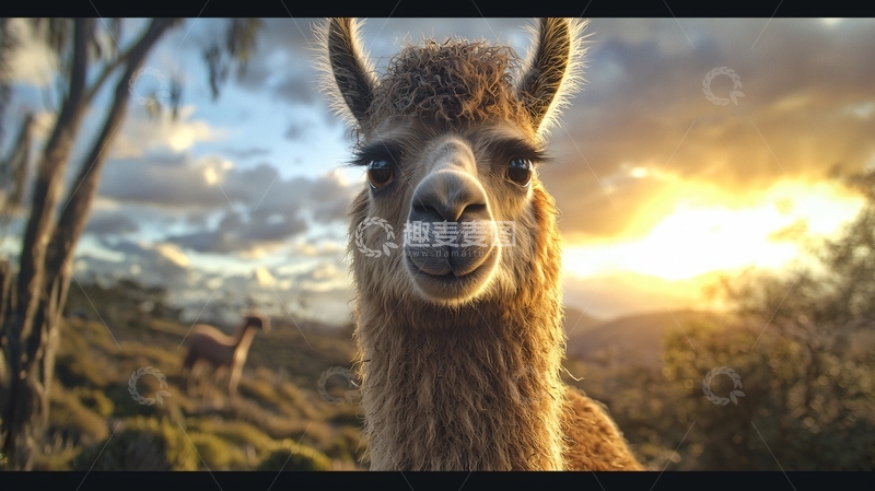 高清大图下载【趣麦麦图】夕阳下的羊驼与自然风光