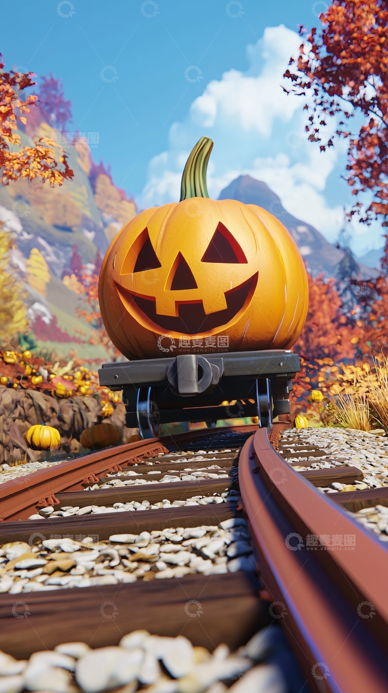 高清大图下载【趣麦麦图】万圣节南瓜火车轨道风景