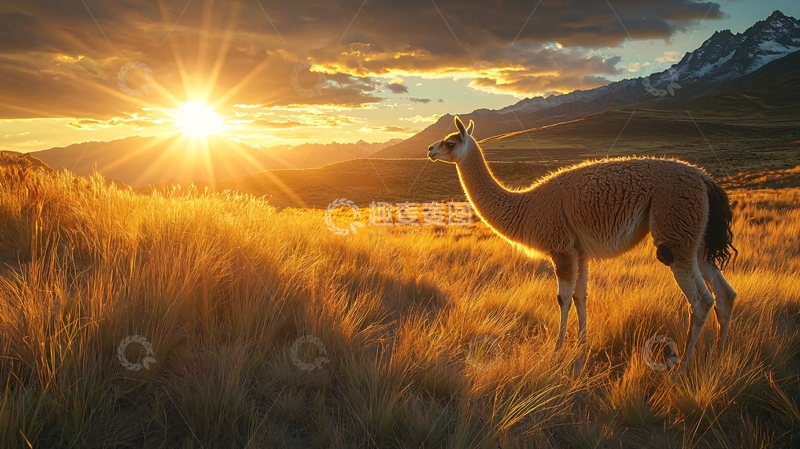 高清大图下载【趣麦麦图】夕阳下的羊驼草原风景