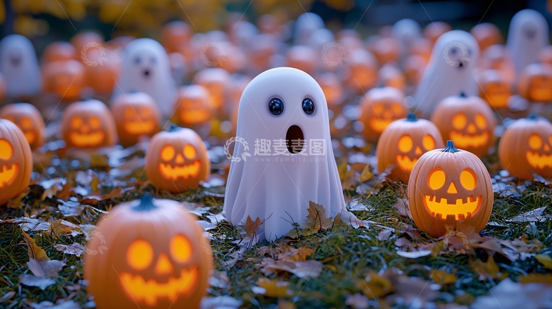 高清大图下载【趣麦麦图】万圣节南瓜灯与幽灵装饰场景