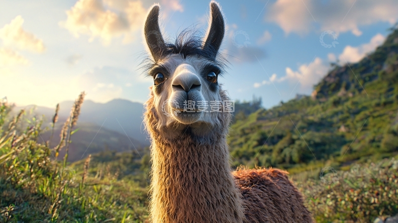 高清大图下载【趣麦麦图】山间草地上的羊驼