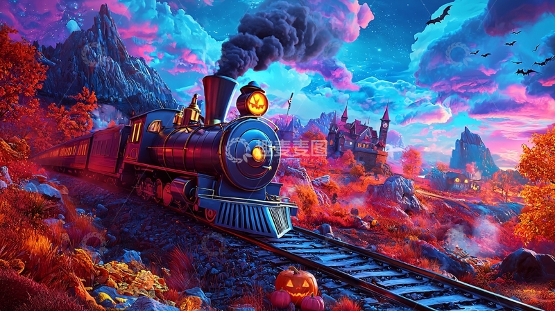 高清大图下载【趣麦麦图】万圣节主题火车与南瓜灯