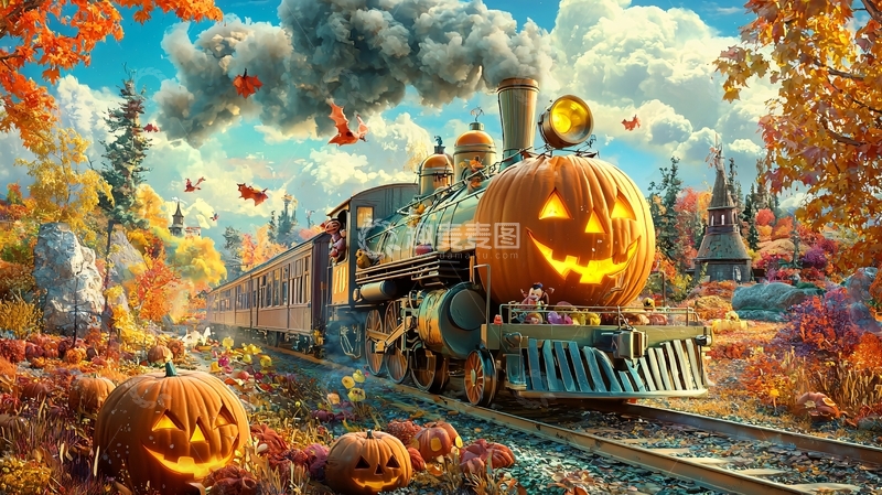 高清大图下载【趣麦麦图】万圣节南瓜火车风景