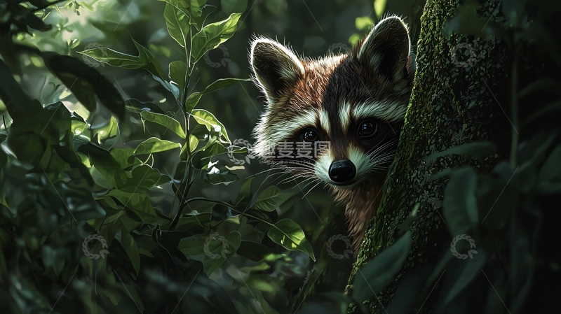 高清大图下载【趣麦麦图】森林中的浣熊