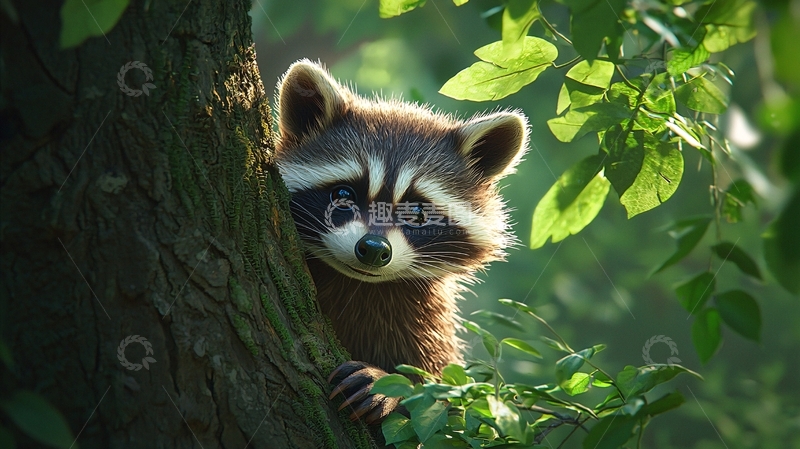 高清大图下载【趣麦麦图】树洞里的浣熊宝宝