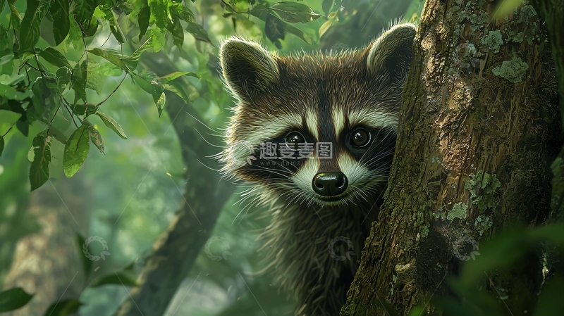高清大图下载【趣麦麦图】森林中的浣熊
