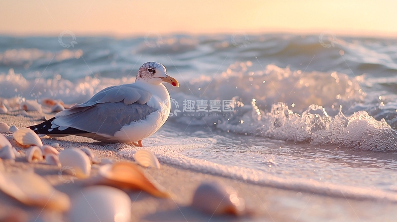 高清大图下载【趣麦麦图】海鸥与夕阳海滩