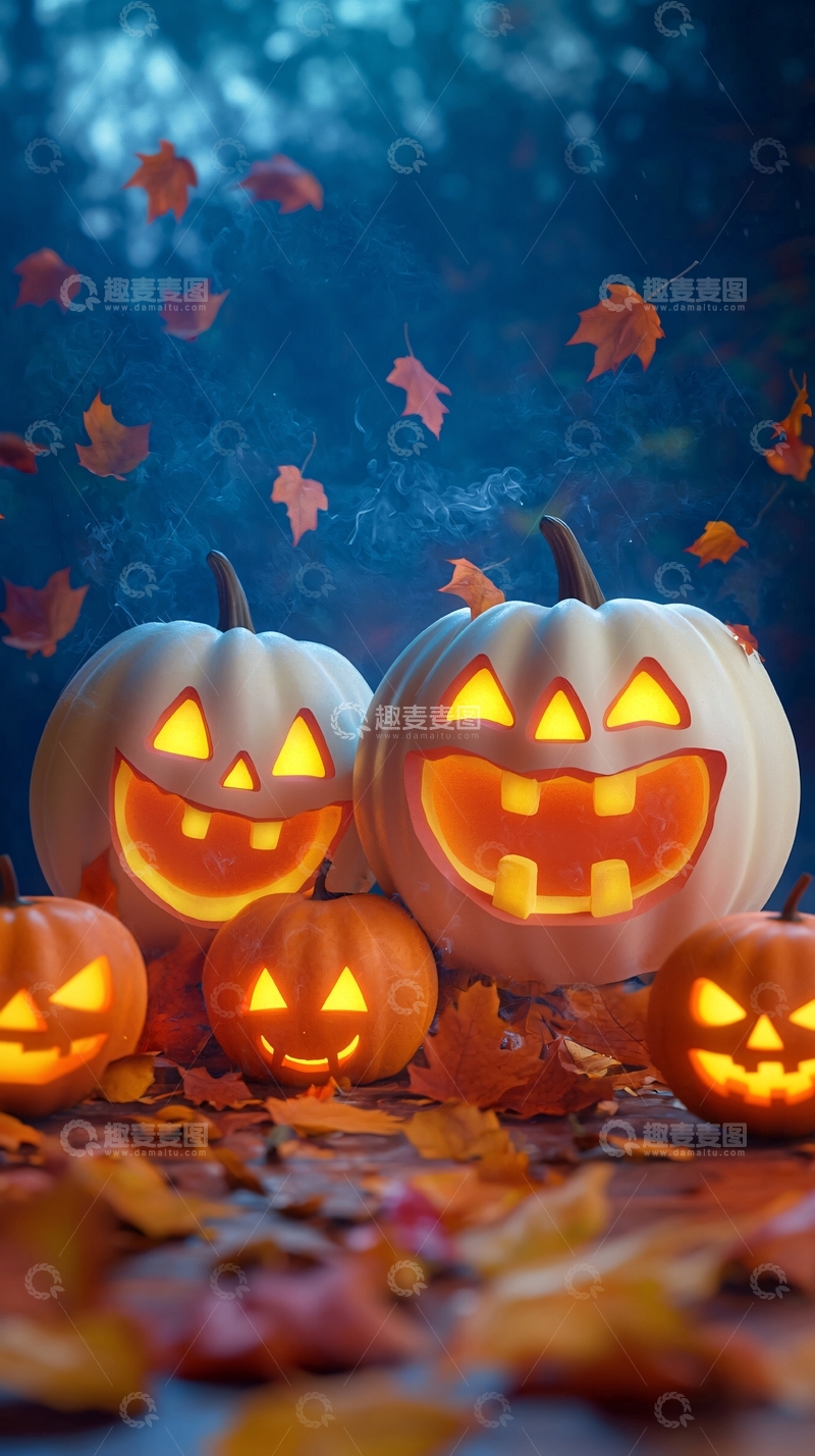 高清大图下载【趣麦麦图】万圣节南瓜灯与落叶