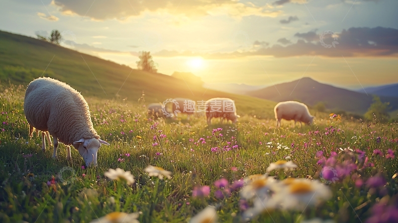 高清大图下载【趣麦麦图】夕阳下的羊群与野花