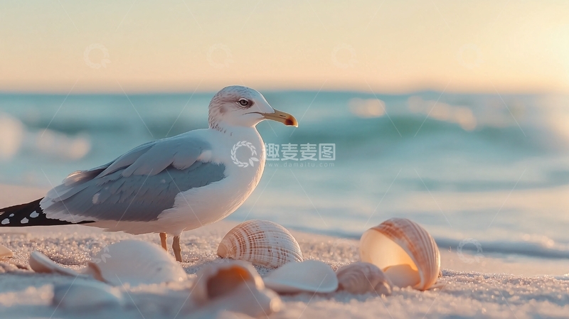 高清大图下载【趣麦麦图】海鸥与贝壳的海滩日落
