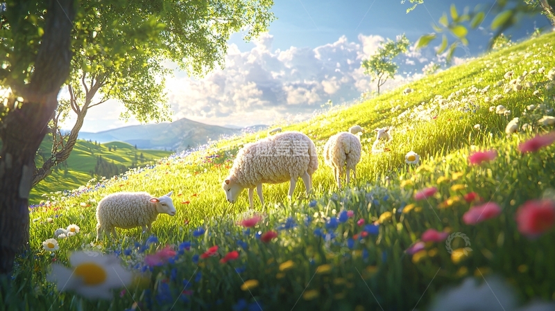 高清大图下载【趣麦麦图】春日田园风光下的羊群