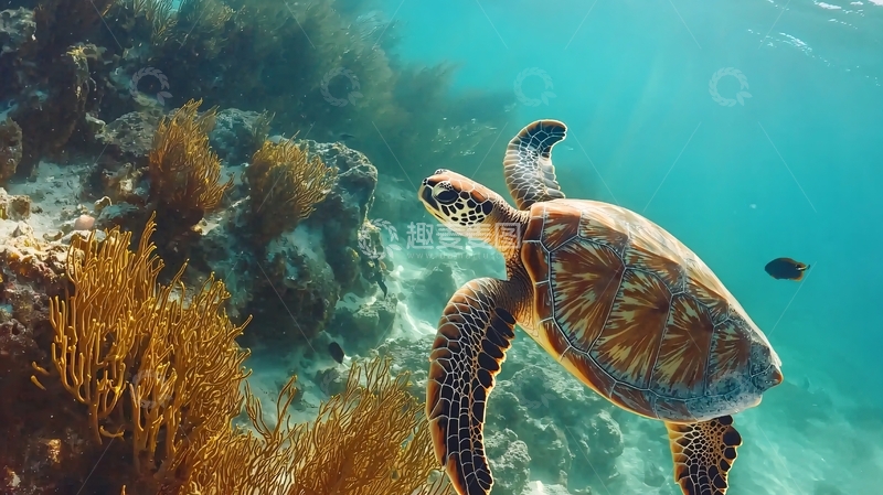高清大图下载【趣麦麦图】海龟与珊瑚礁下的宁静世界