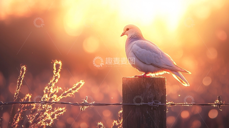 高清大图下载【趣麦麦图】夕阳下的白鸽与木桩