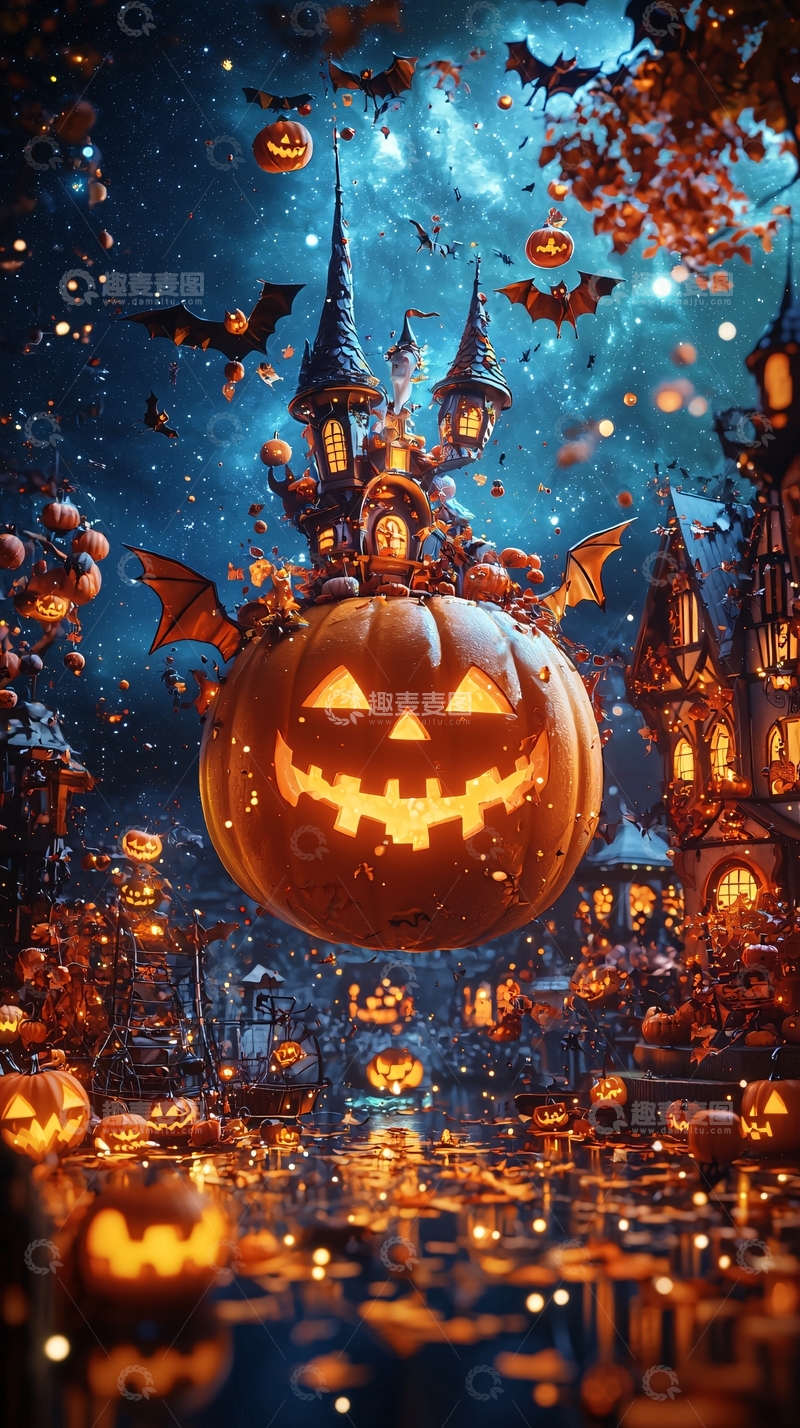 高清大图下载【趣麦麦图】万圣节南瓜城堡夜景