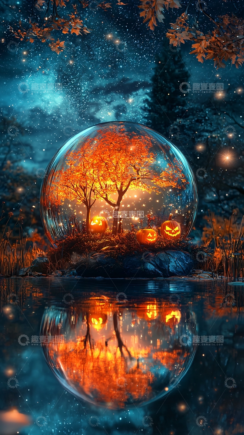 高清大图下载【趣麦麦图】秋夜水晶球中的南瓜灯