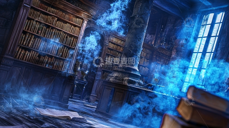 高清大图下载【趣麦麦图】神秘图书馆的蓝色烟雾