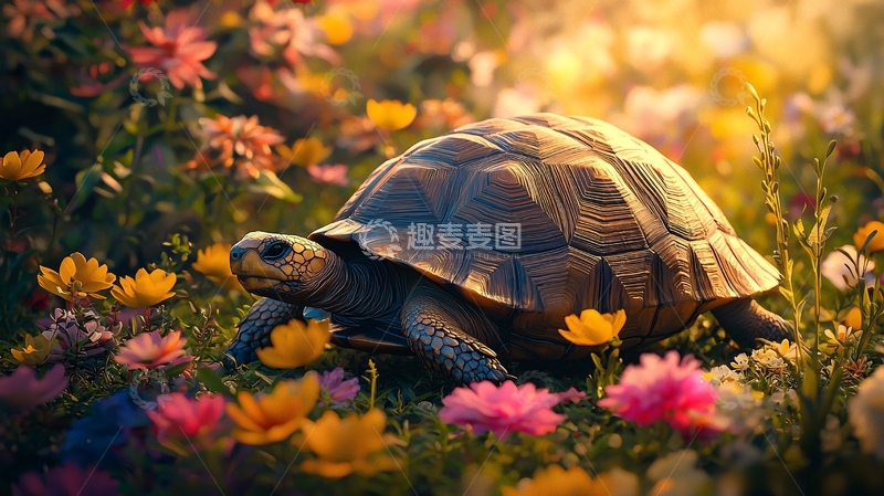 高清大图下载【趣麦麦图】-乌龟在花丛中漫步