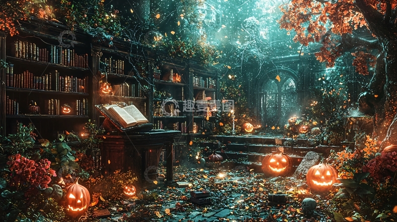 高清大图下载【趣麦麦图】万圣节图书馆夜景