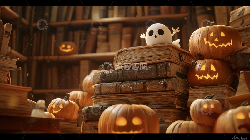 高清大图下载【趣麦麦图】万圣节图书馆里的南瓜灯和书
