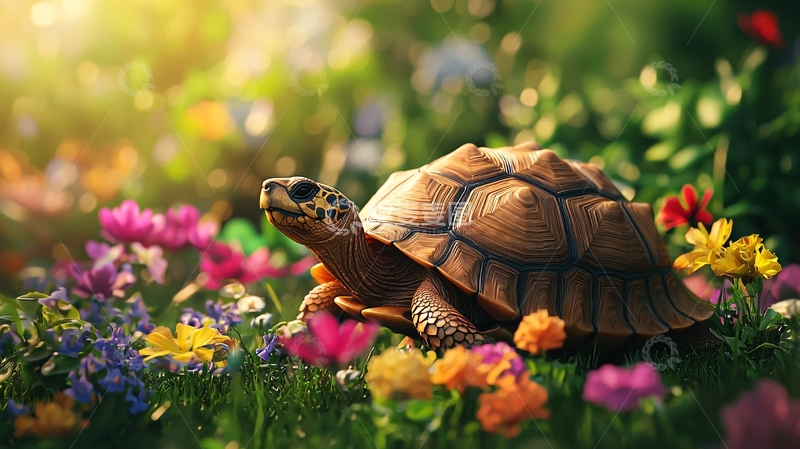 高清大图下载【趣麦麦图】-阳光下的乌龟与花海