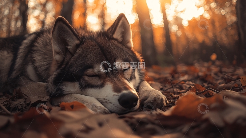 高清大图下载【趣麦麦图】秋日森林中的哈士奇