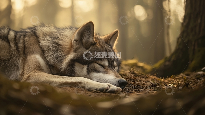 高清大图下载【趣麦麦图】森林中的睡狼