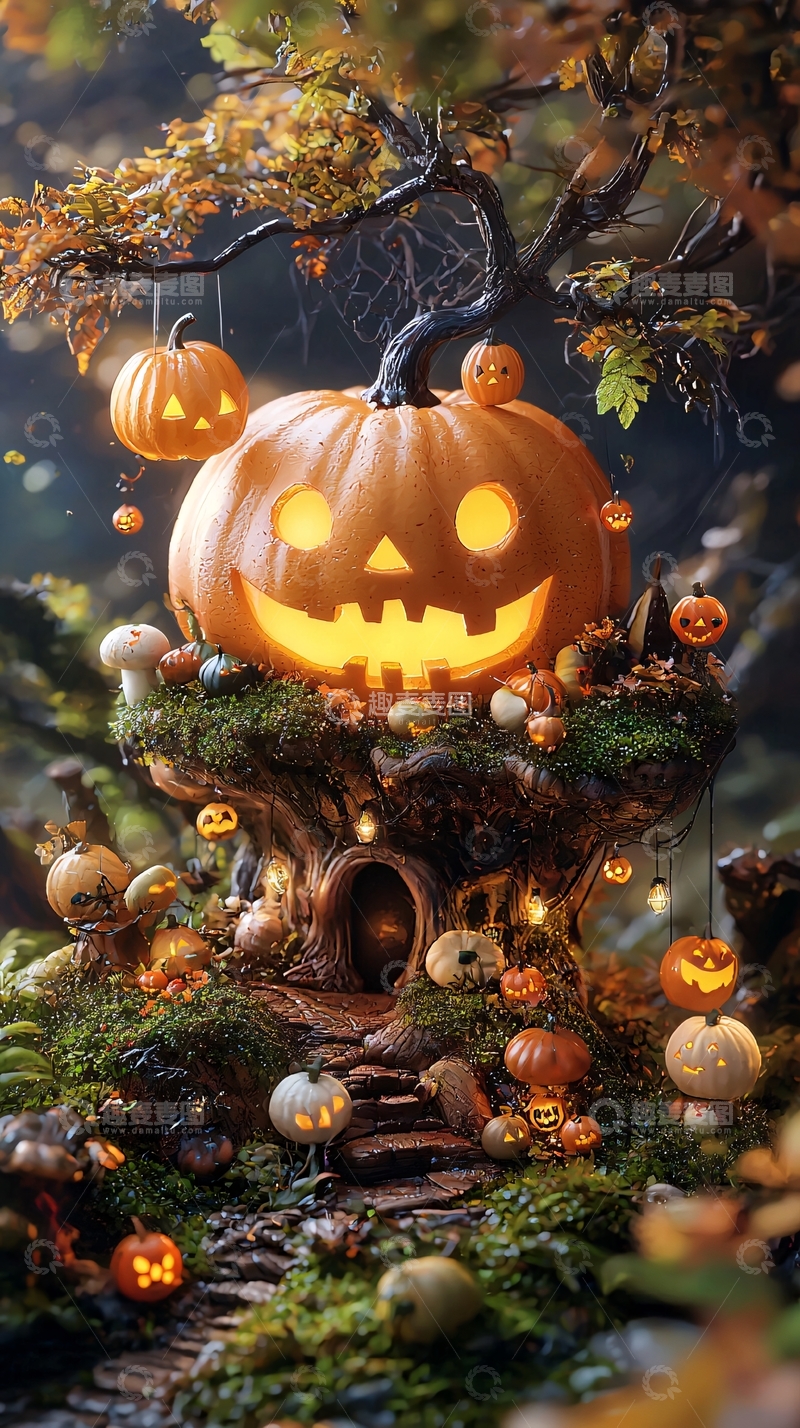 高清大图下载【趣麦麦图】万圣节南瓜灯树屋