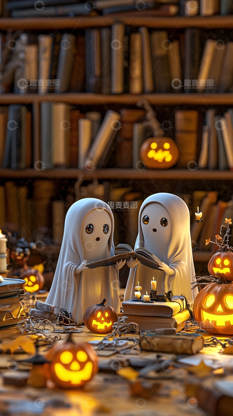 高清大图下载【趣麦麦图】万圣节图书馆里的幽灵